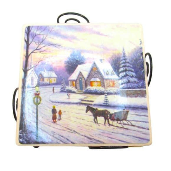 Winter Scene Ceramic Coasters with Wire Holder Set of 4 - Picture 4 of 7